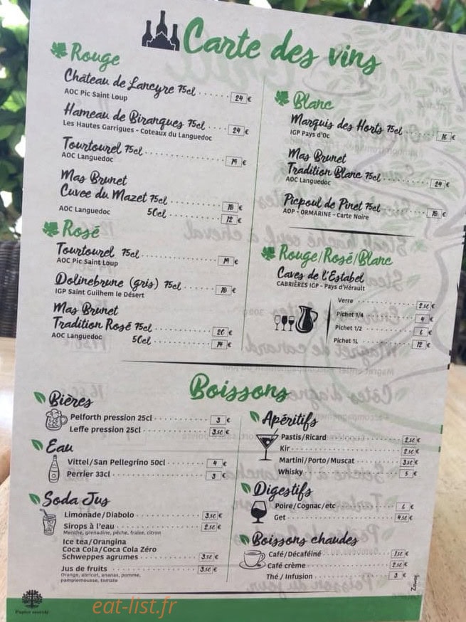 Carte et menu de Sous le platane à Saint Martin de Londres — La carte des vins