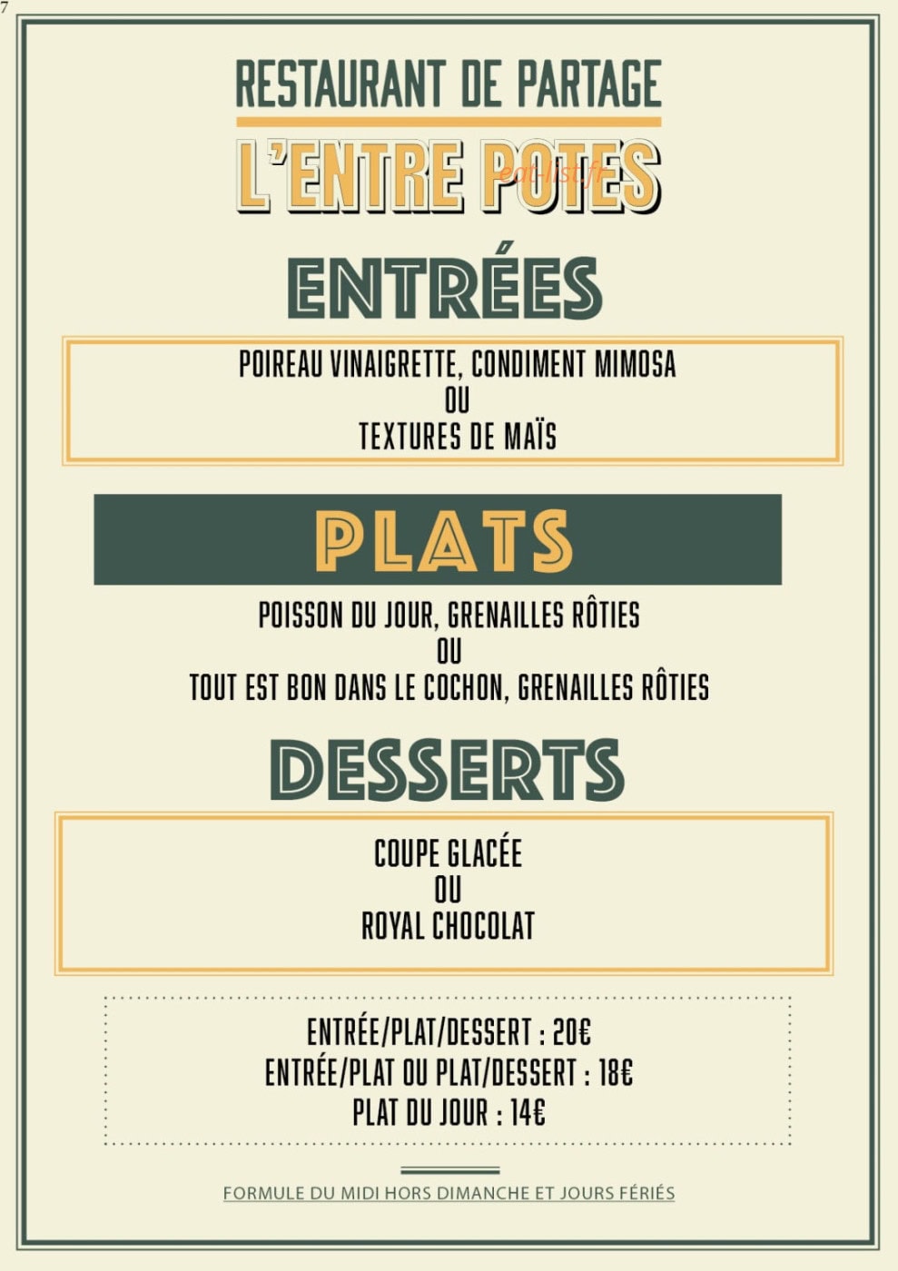 Carte et menu de L'Entre Potes Viavino à Entre-Vignes — La carte