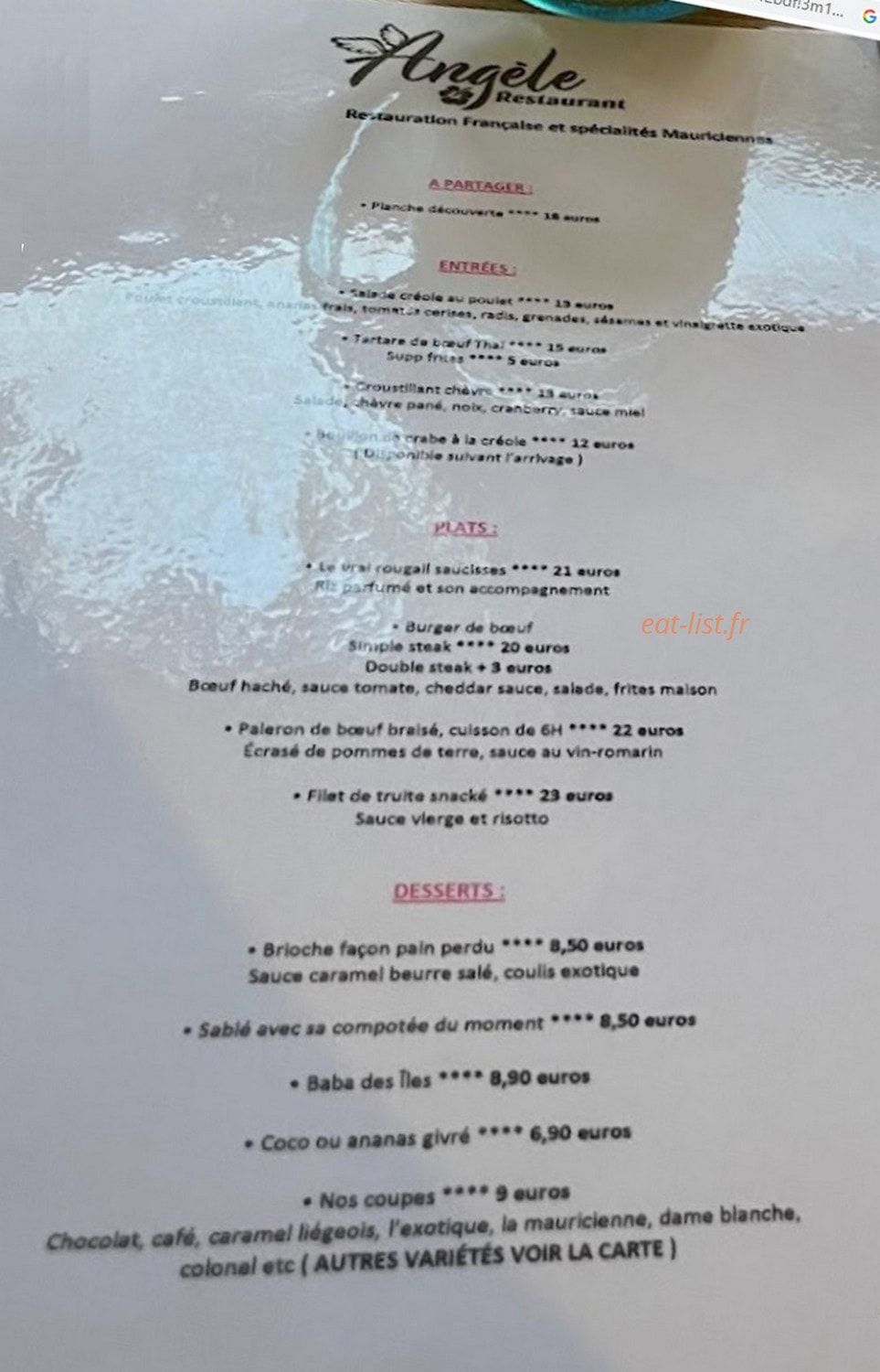 Angèle restaurant — carte page 1