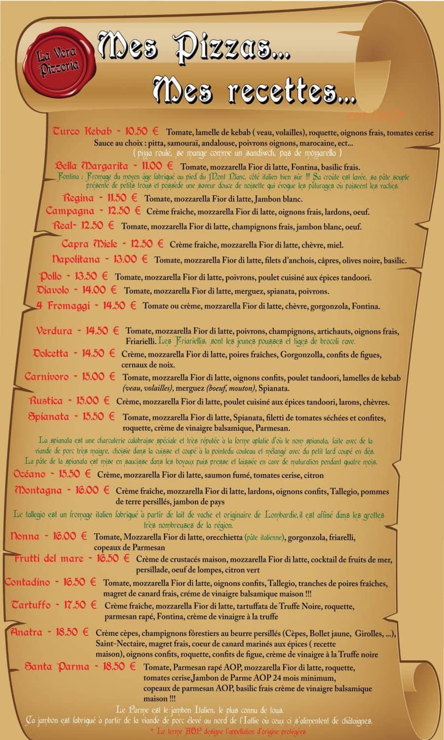 La Vera Pizzeria — carte page 1