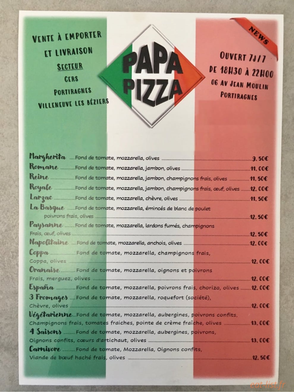 Papa Pizza — carte page 1