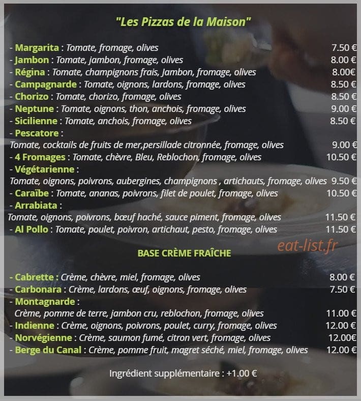 Carte et menu de L'Ô..Berge du Canal à Villeneuve les Beziers — Les pizzas