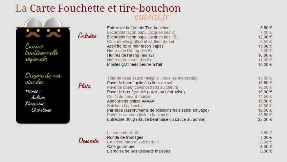 Carte et menu de Fourchette et tire-bouchon à Saint Jean de Vedas — Entrées, plats et desserts