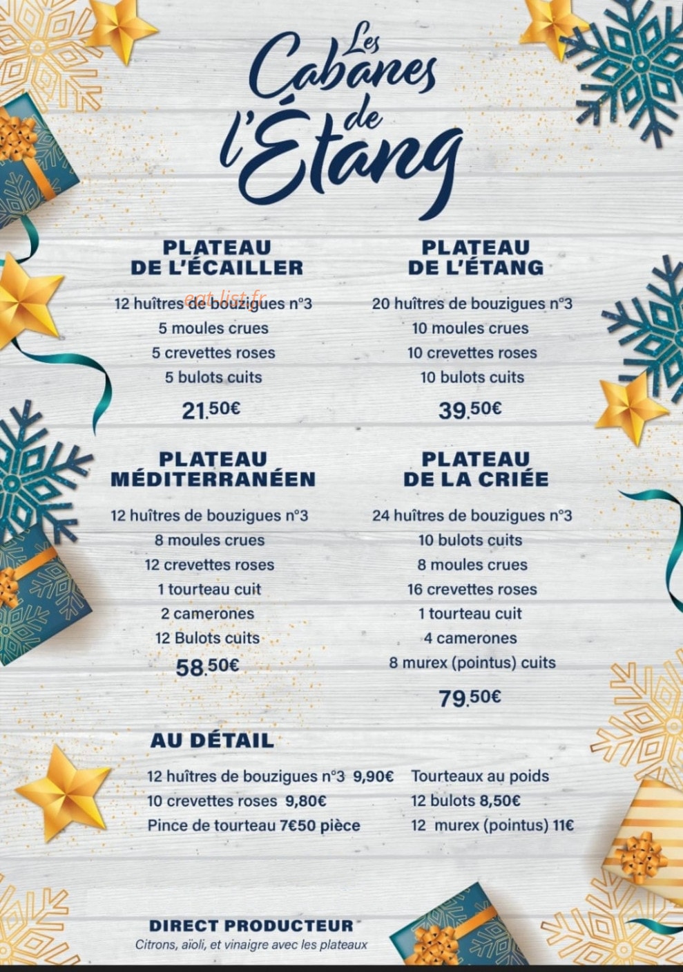 Carte et menu de Les cabanes de l'étang à Vias — Les plateaux
