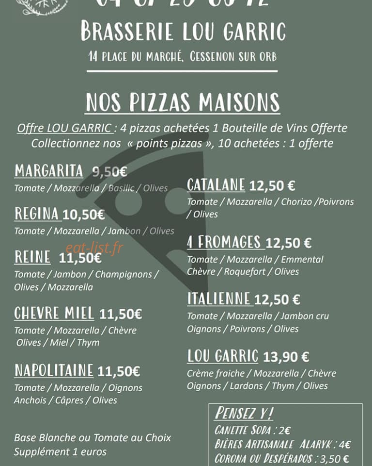 Carte et menu de Brasserie Lou Garric à Cessenon sur Orb — Les pizzas