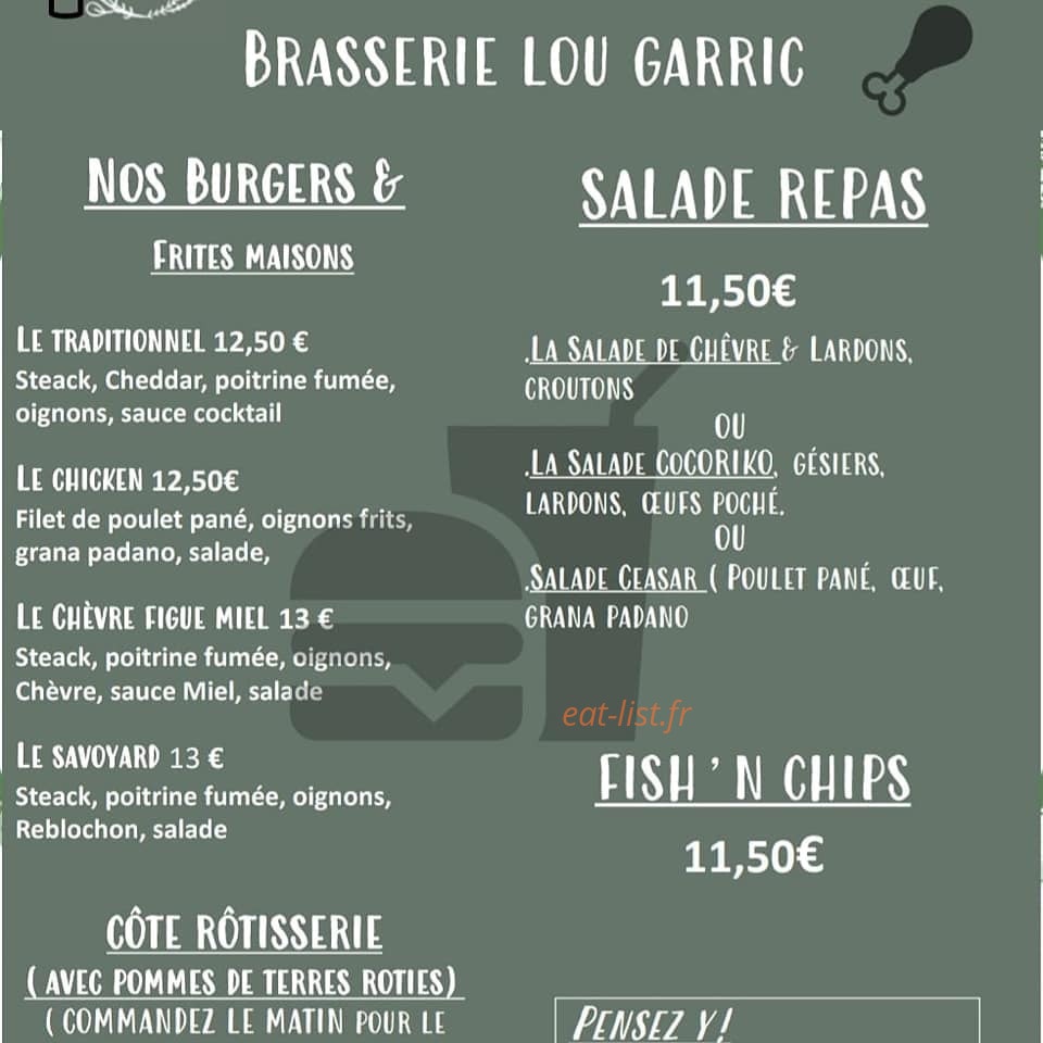 Carte et menu de Brasserie Lou Garric à Cessenon sur Orb — Les burgers et salades