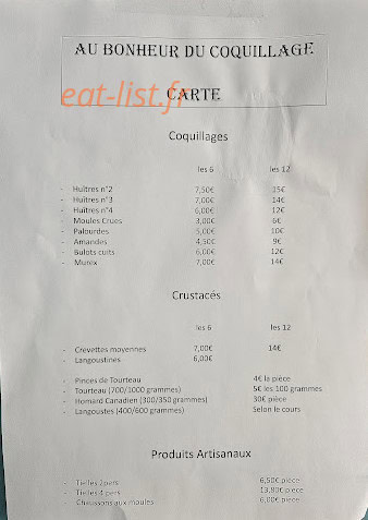 Carte et menu de Au bonheur du coquillage à Magalas — La carte