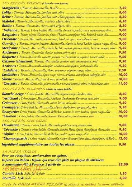 Rana Pizza — carte page 2