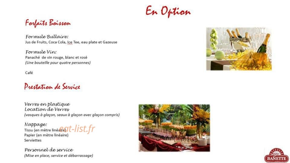 Carte et menu de Le Fournil des Arènes à Beziers — Les forfaits boissons et prestations de service