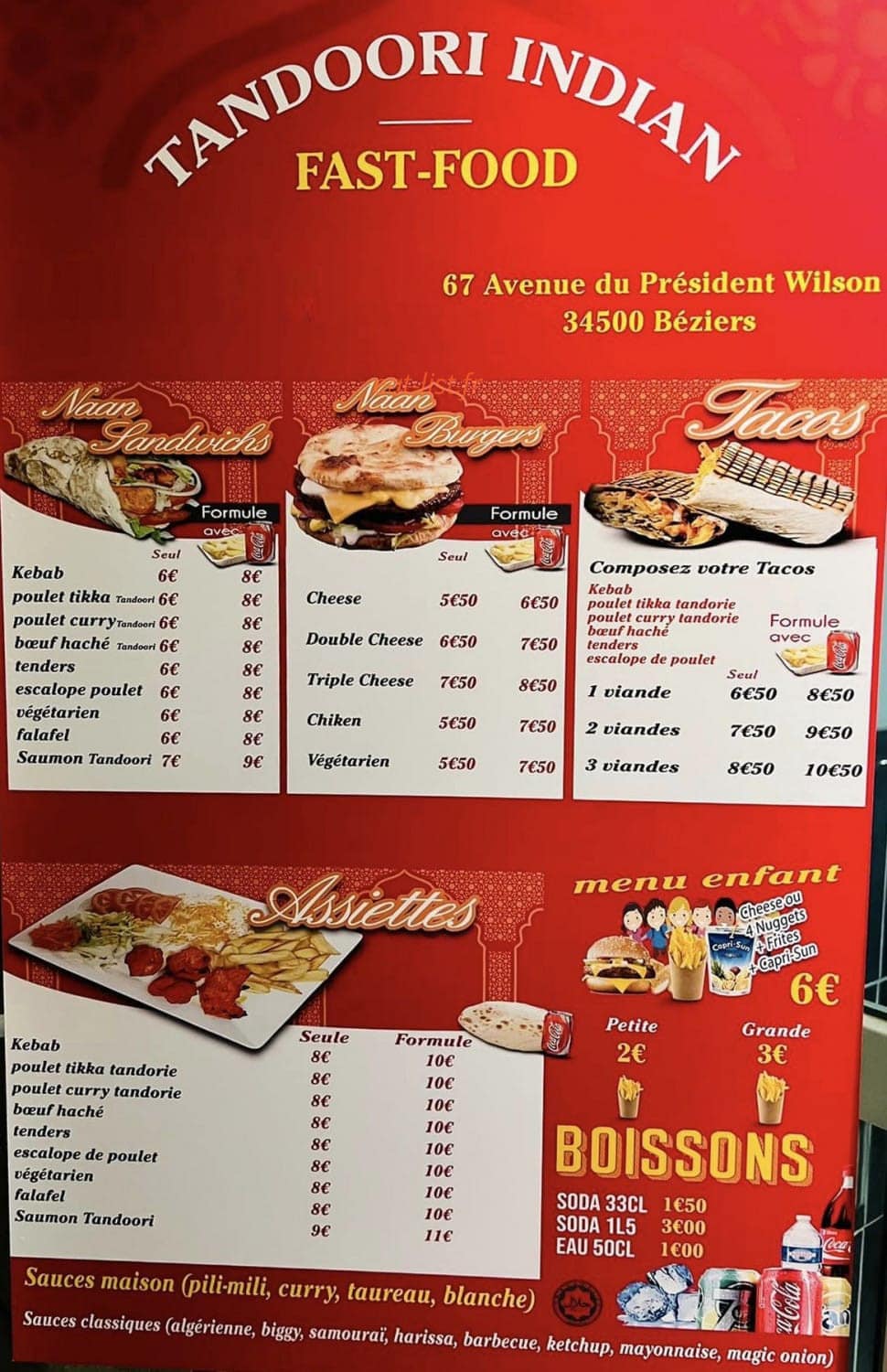 Carte et menu de Tandoori Indian fast food à Beziers — Les sandwichs, burgers et tacos,...