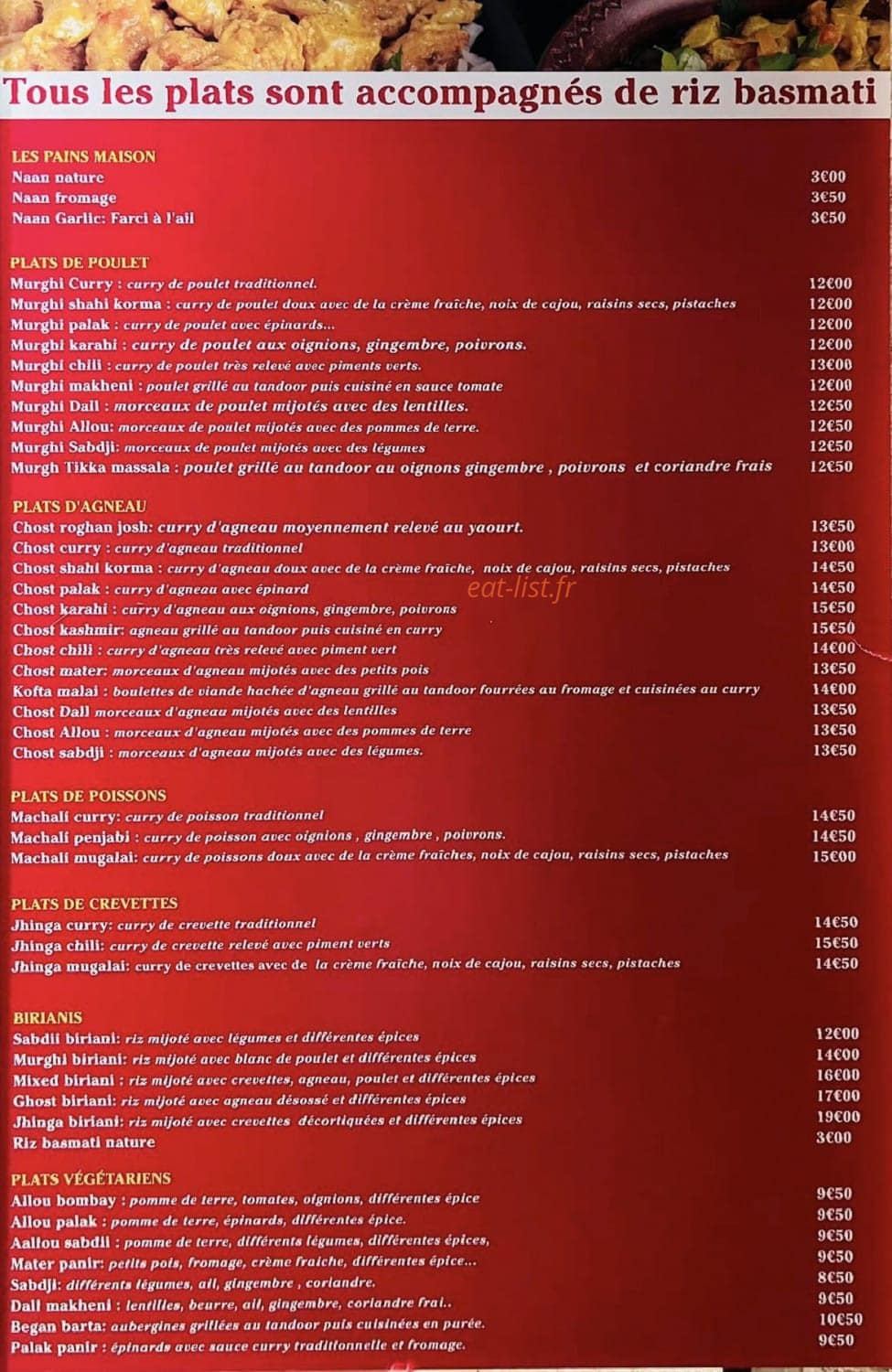 Carte et menu de Tandoori Indian fast food à Beziers — Les plats