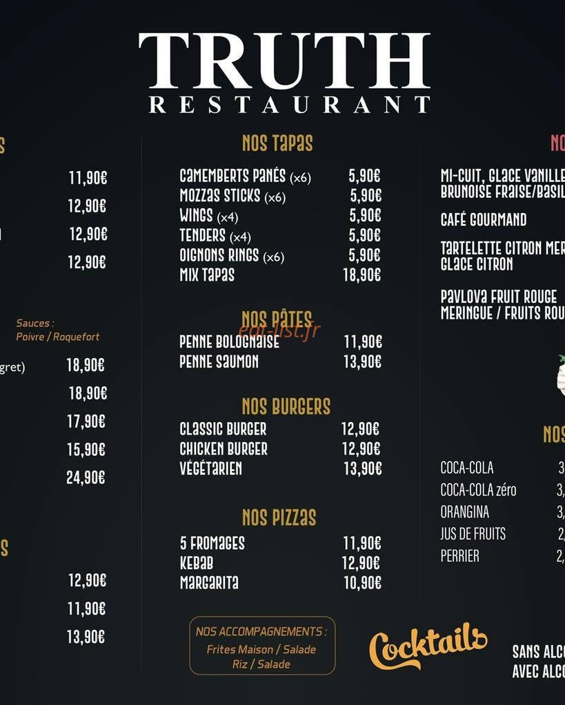 Truth Restaurant — carte page 1