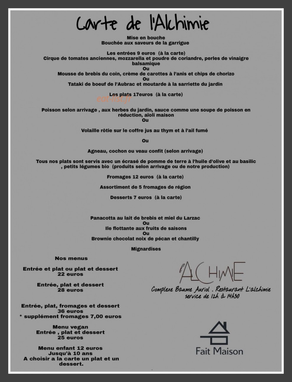 Carte et menu de L'Alchimie baume auriol à Saint Maurice Navacelles — La carte de l'Alchimie