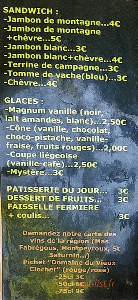 Carte et menu de Les Tilleuls à Saint Maurice Navacelles — Les sandwichs, glaces et patisseries