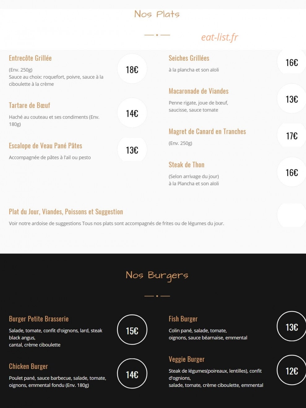 Carte et menu de La Petite Brasserie à Balaruc le Vieux — Les plats et burgers