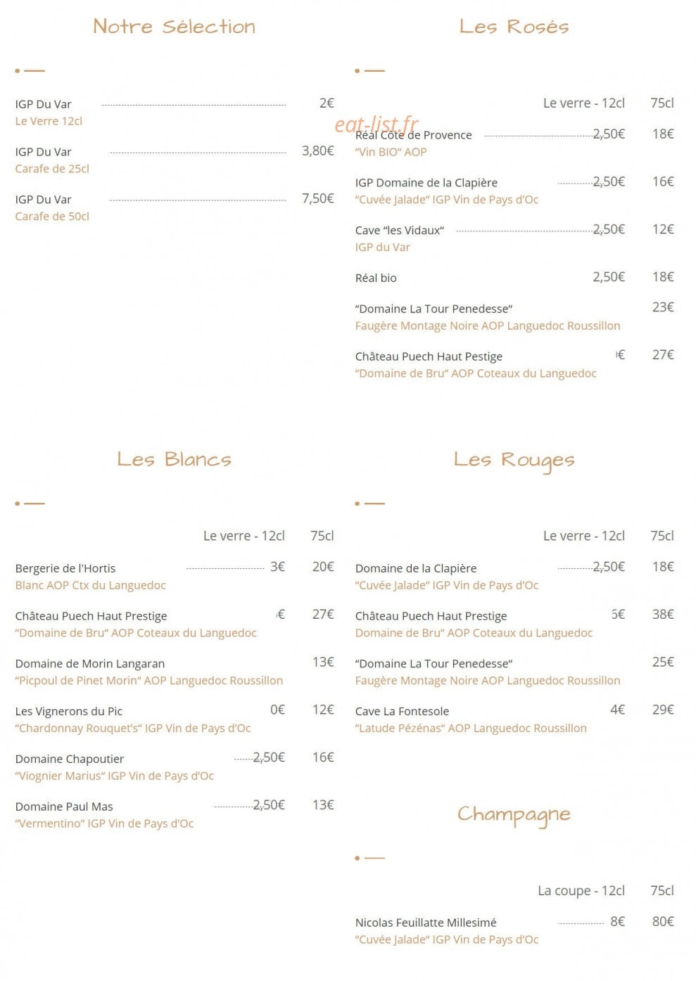 Carte et menu de La Petite Brasserie à Balaruc le Vieux — Les vins