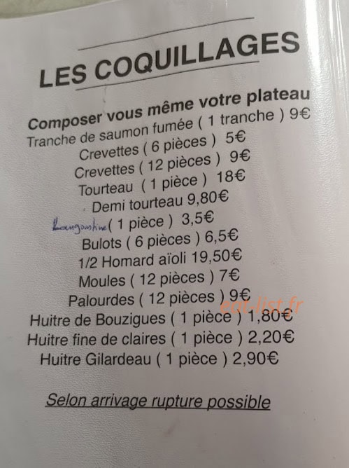 Carte et menu de ÔQG bedaricien à Bedarieux — Les coquillages