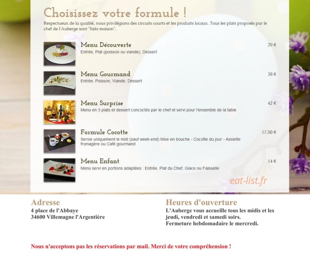 Carte et menu de Auberge de l'Abbaye à Villemagne L'argentiere — Les formules