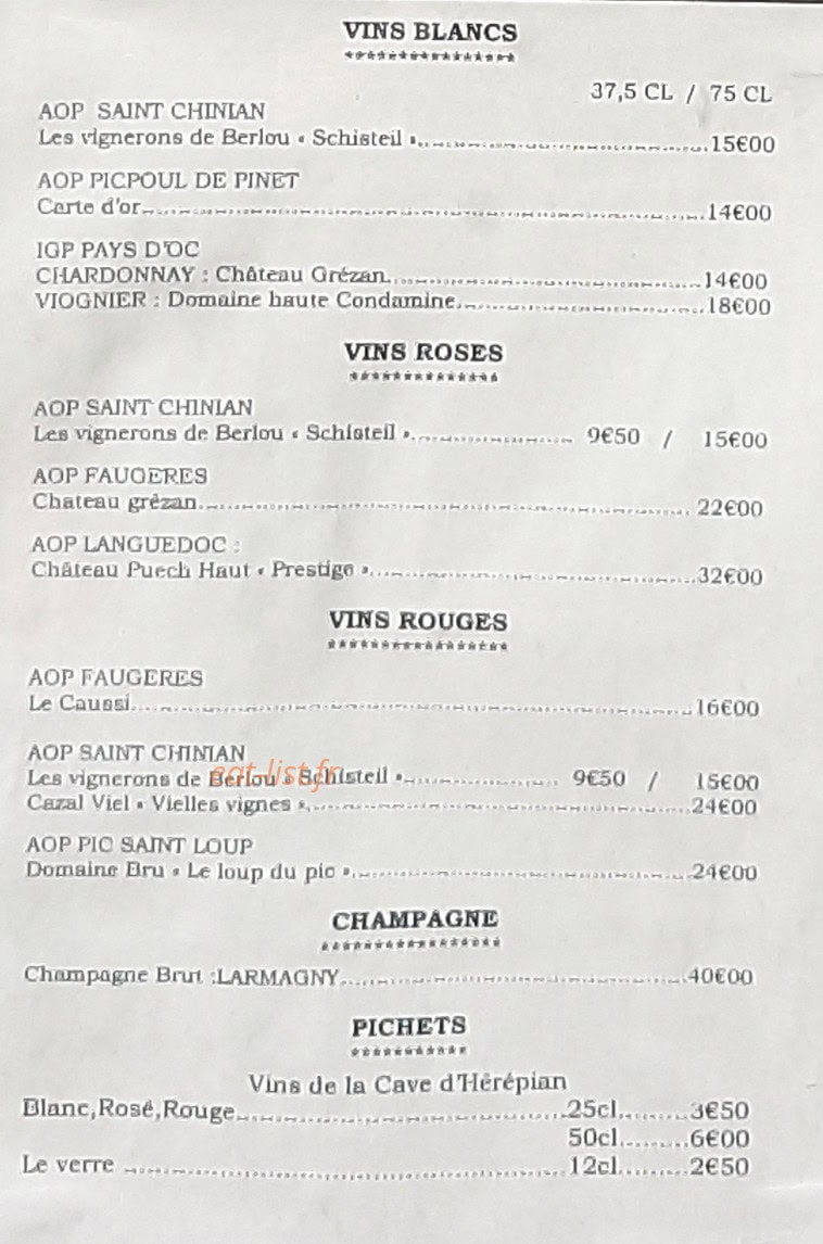 Carte et menu de Le Villemagnais à Villemagne L'argentiere — Les vins, champagne, ...