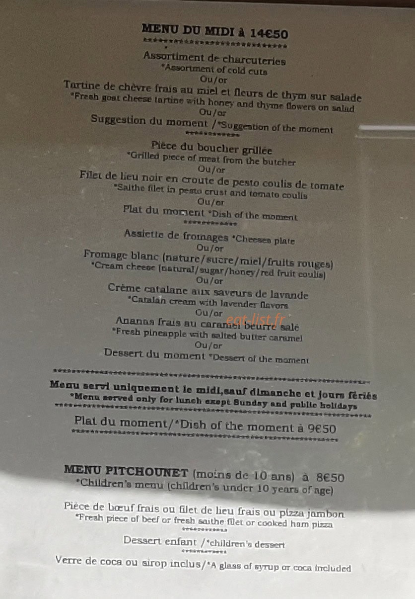 Carte et menu de Le Villemagnais à Villemagne L'argentiere — Le menu midi, menu enfant