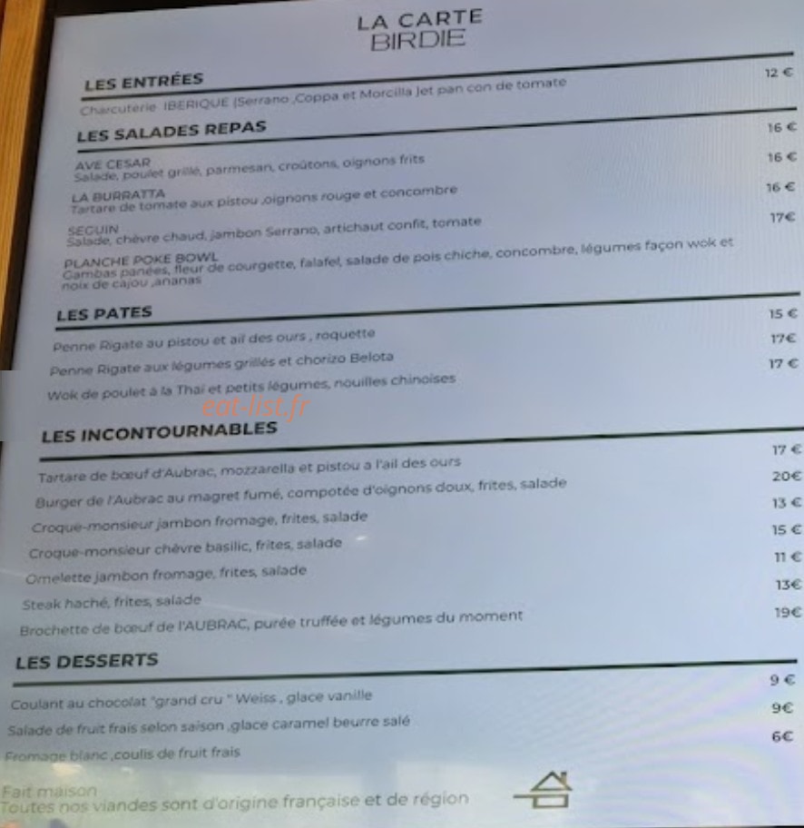 Birdie "resto-bar-music" — carte page 1