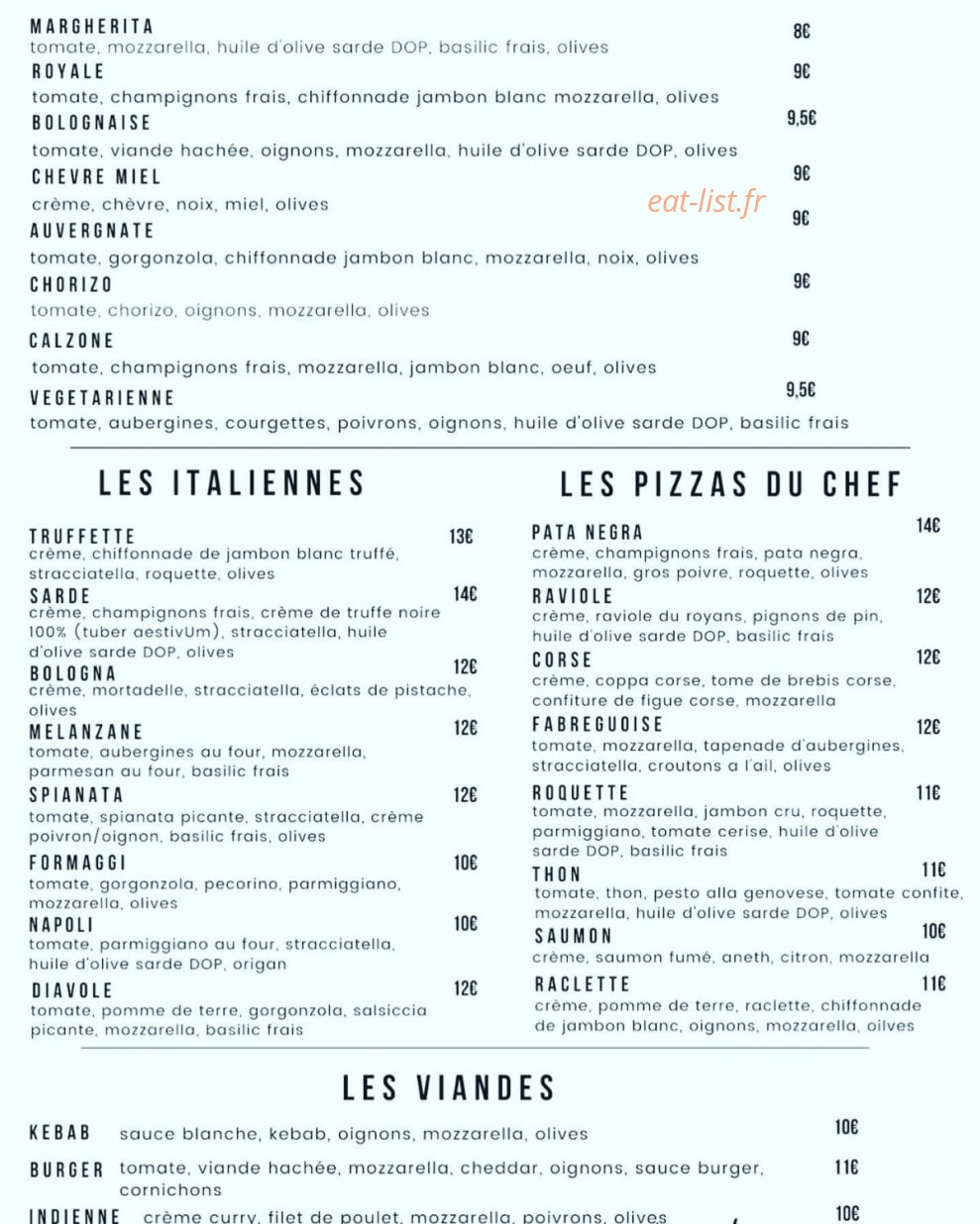 Le Chalet à pizzas — carte page 1