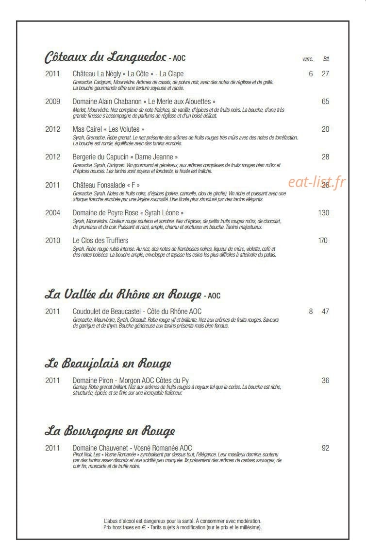Carte et menu de Carre mer à Villeneuve les Maguelone — Les vins rouges suite