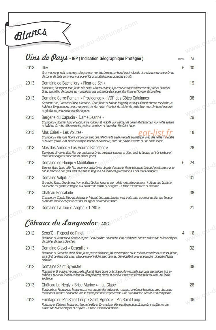 Carte et menu de Carre mer à Villeneuve les Maguelone — Les vins blancs