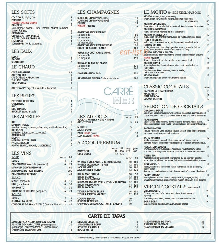 Carte et menu de Carre mer à Villeneuve les Maguelone — Les softs, eaux, champagne...