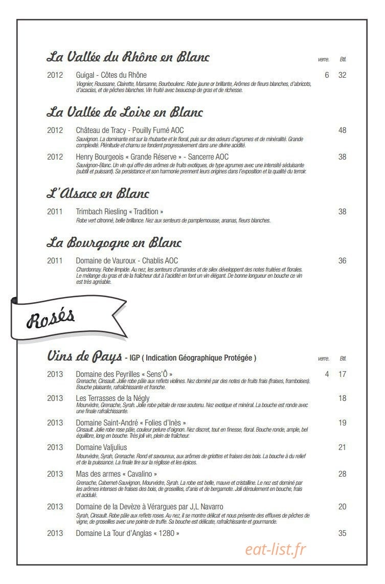 Carte et menu de Carre mer à Villeneuve les Maguelone — Les vins blancs et vins rosés