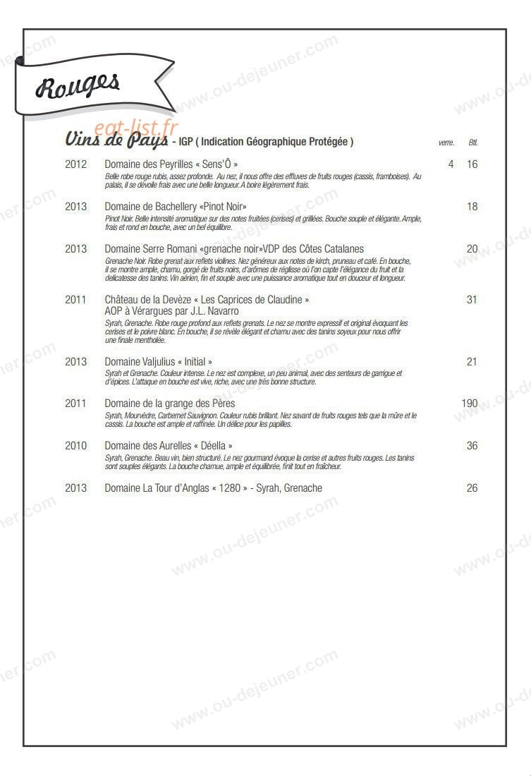 Carte et menu de Carre mer à Villeneuve les Maguelone — Les vins rouges