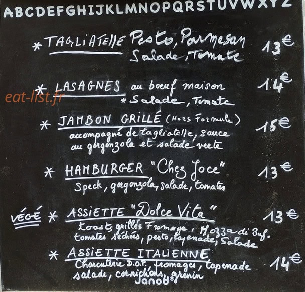 Carte et menu de Chez joce à Villeneuve les Maguelone — Exemple de menu