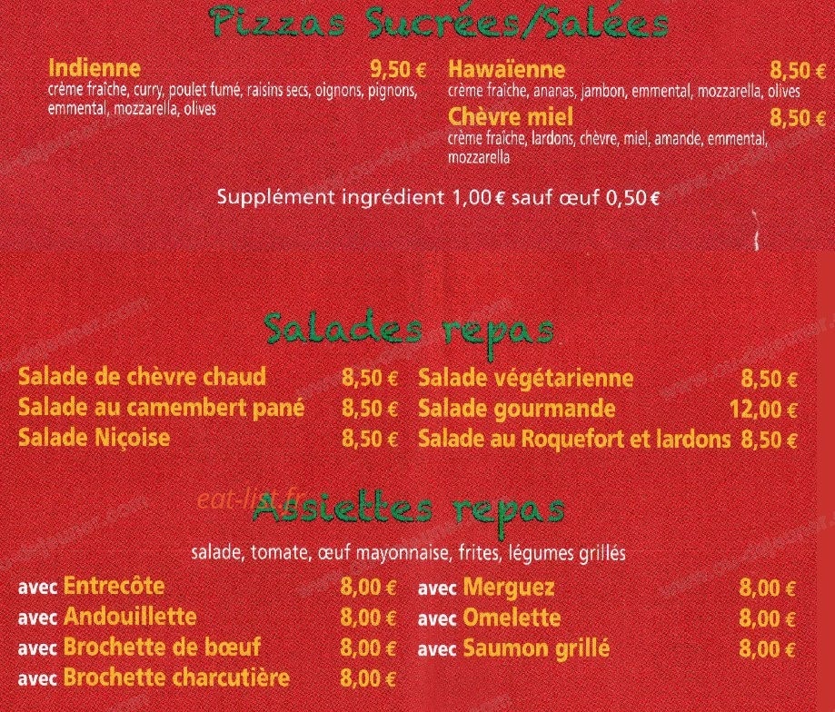Carte et menu de Chez Manu à Villeneuve les Maguelone — Les pizzas sucrees: salees...
