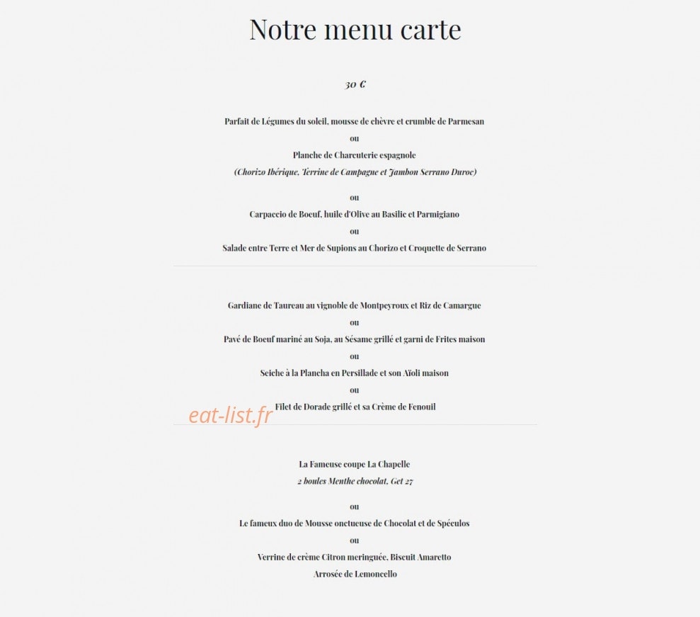 Carte et menu de La Chapelle à Villeneuve les Maguelone — Menus