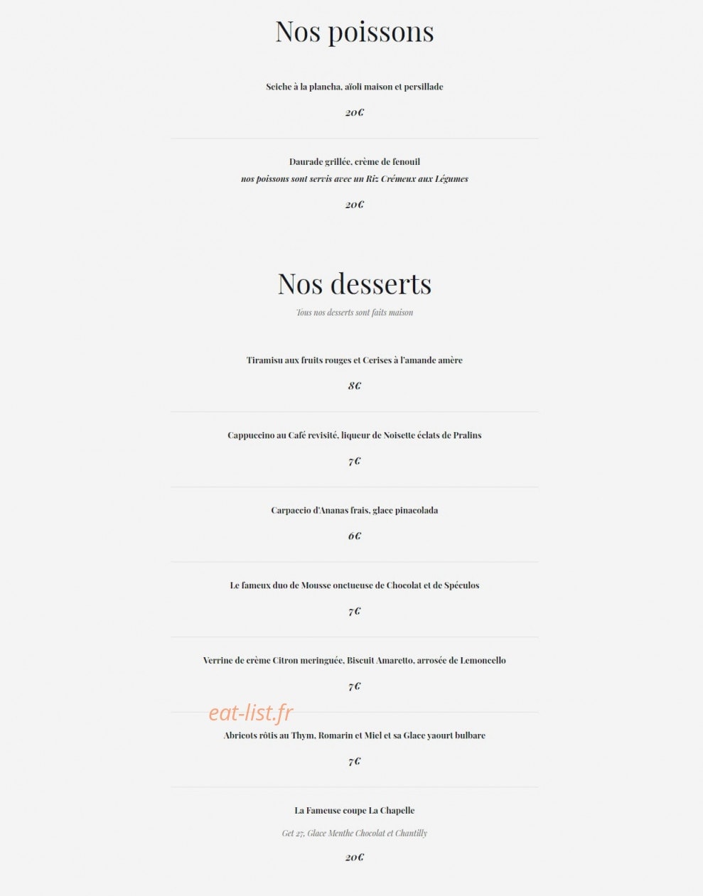 Carte et menu de La Chapelle à Villeneuve les Maguelone — Poissons et desserts