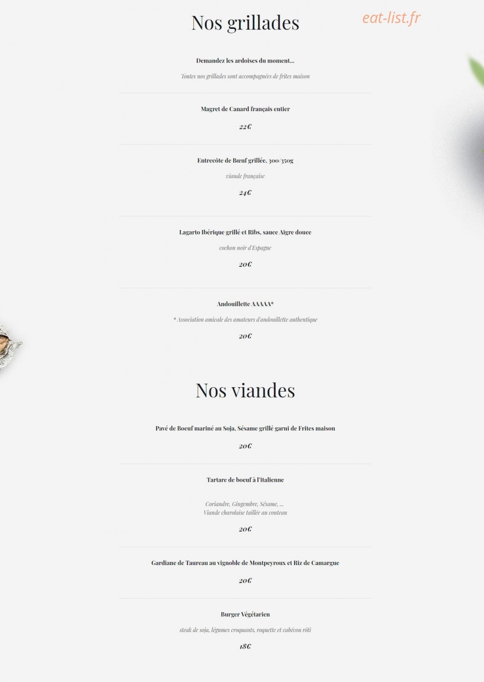 Carte et menu de La Chapelle à Villeneuve les Maguelone — Grillades et viandes