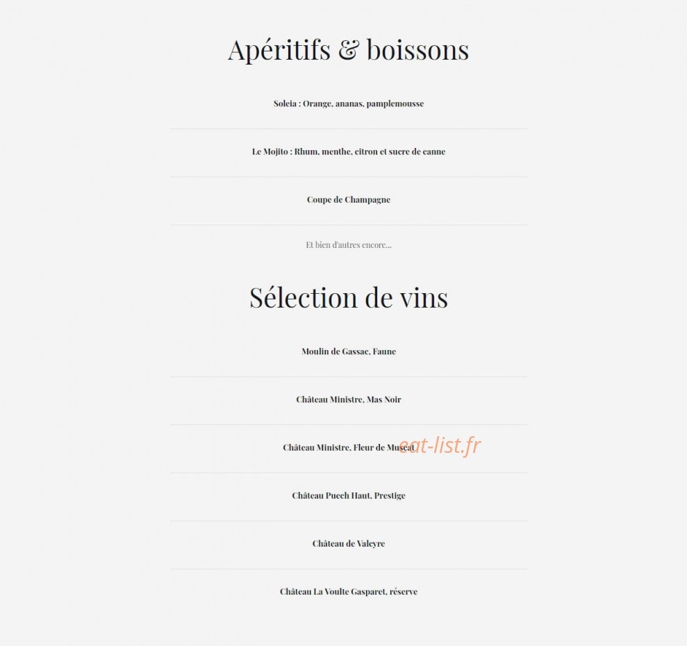 Carte et menu de La Chapelle à Villeneuve les Maguelone — Apéritifs, boissons et vins