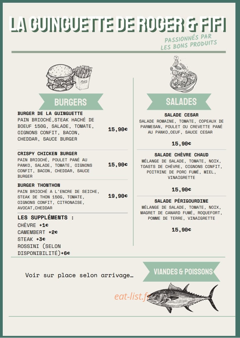 Carte et menu de La Guinguette de Roger et Fifi à Villeneuve les Maguelone — Les burgers et salades
