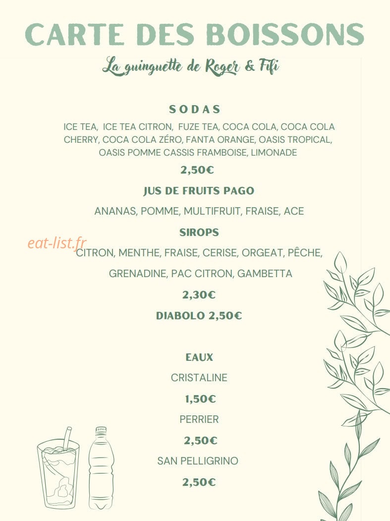 Carte et menu de La Guinguette de Roger et Fifi à Villeneuve les Maguelone — Carte des boissons