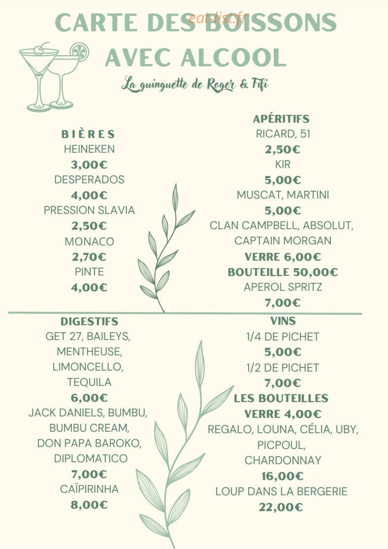 Carte et menu de La Guinguette de Roger et Fifi à Villeneuve les Maguelone — Carte des boissons avec alcool