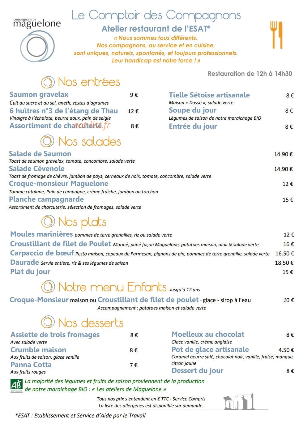 Carte et menu de Les Compagnons de Maguelone à Villeneuve les Maguelone — La carte