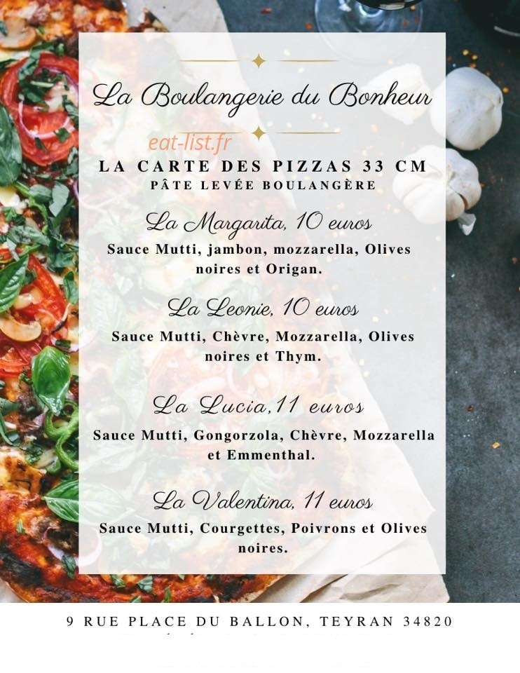 Carte et menu de La Boulangerie du Bonheur à Teyran — Les pizzas