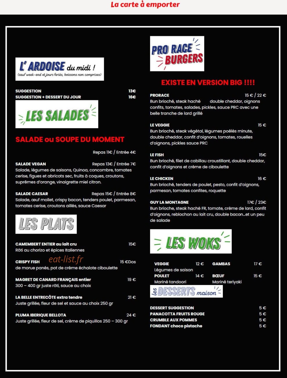Pro Race Cafe — carte page 1
