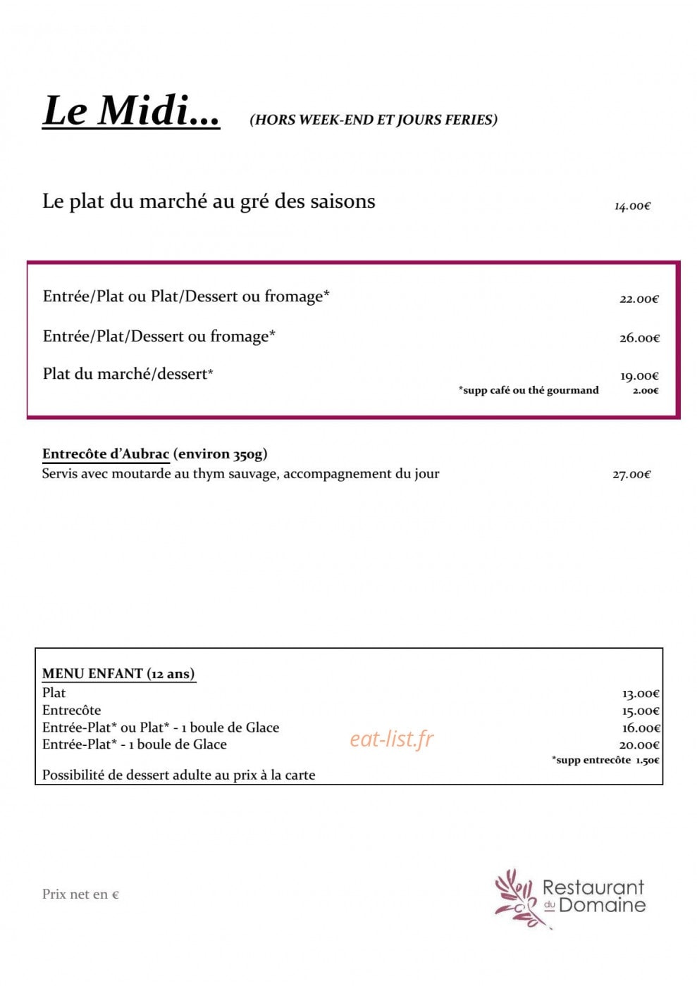 Restaurant du Domaine — carte page 1