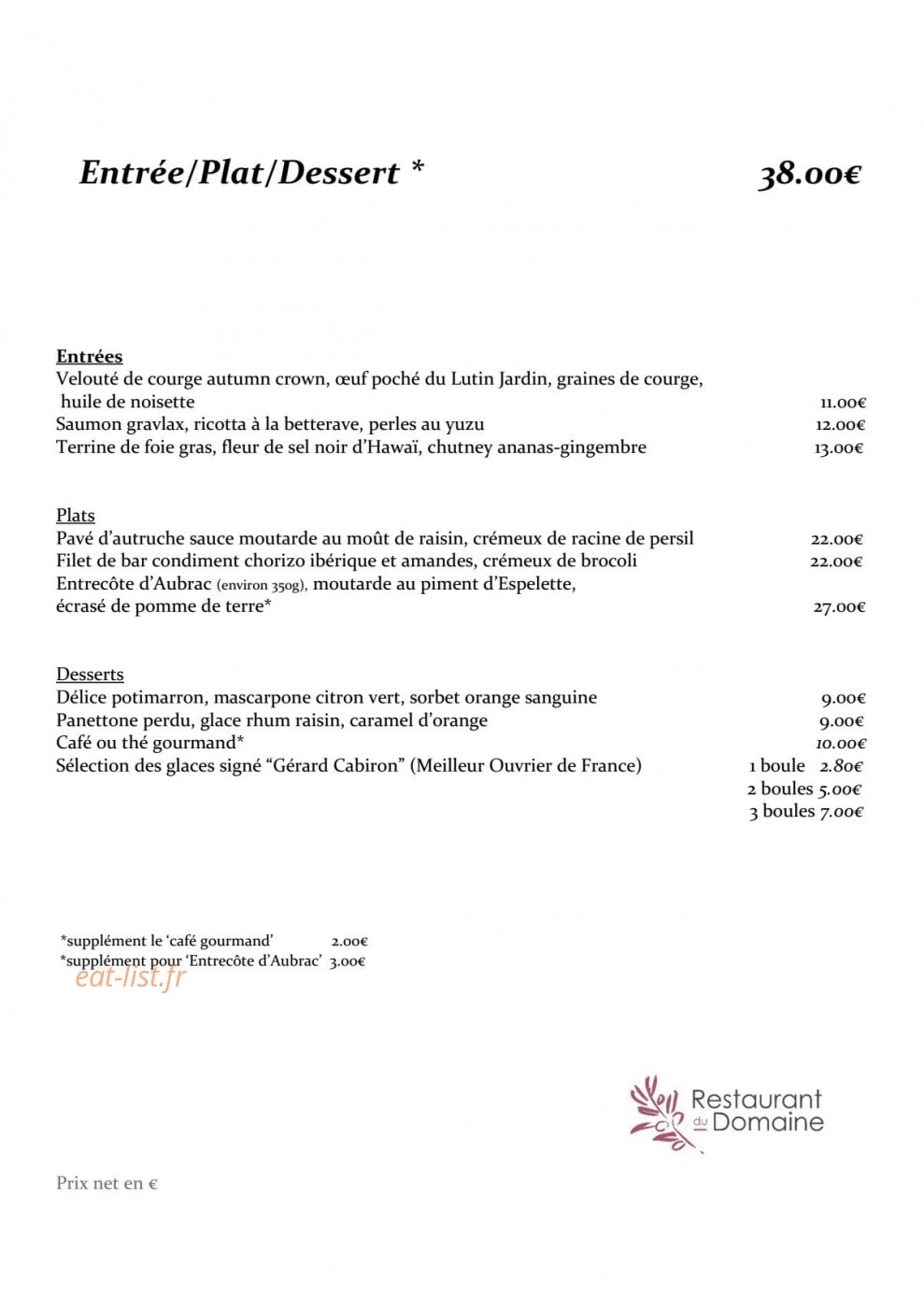 Restaurant du Domaine — carte page 3
