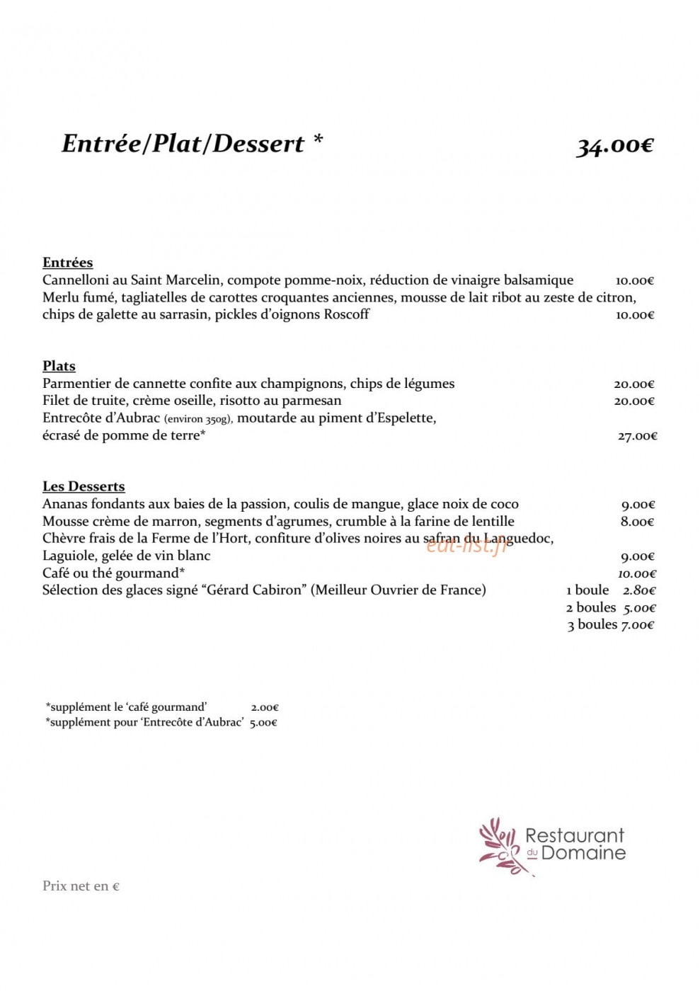 Restaurant du Domaine — carte page 2