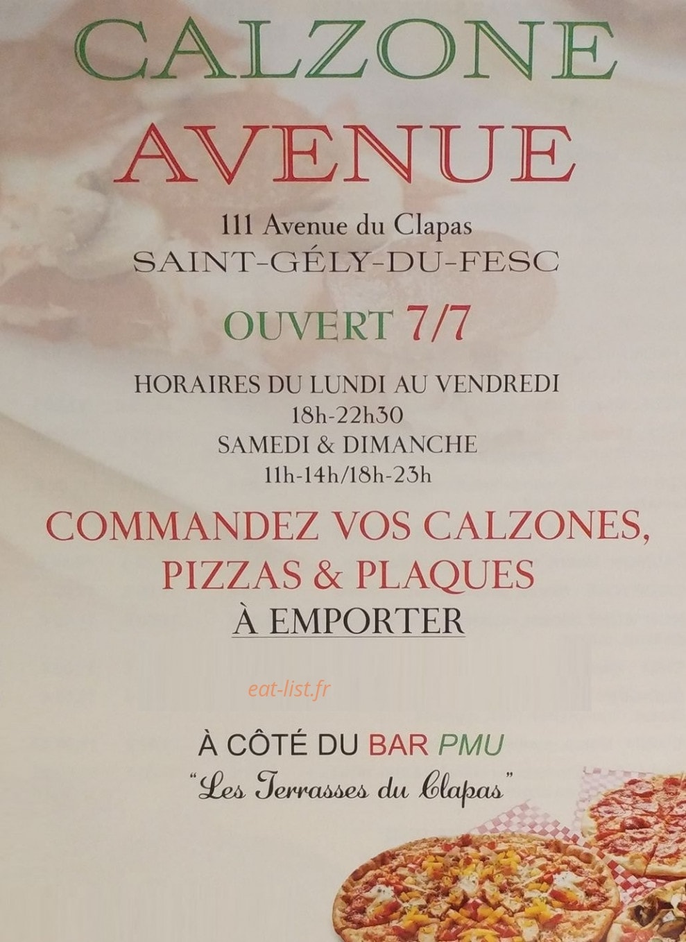 Carte et menu Calzone Avenue Saint Gely du Fesc