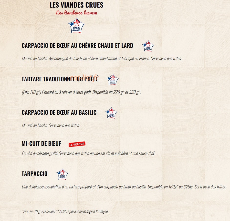 Carte et menu de La Boucherie à Saint Gely du Fesc — Les viandes crues