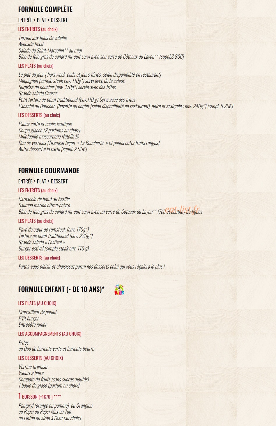 Carte et menu de La Boucherie à Saint Gely du Fesc — Les formules (suite)