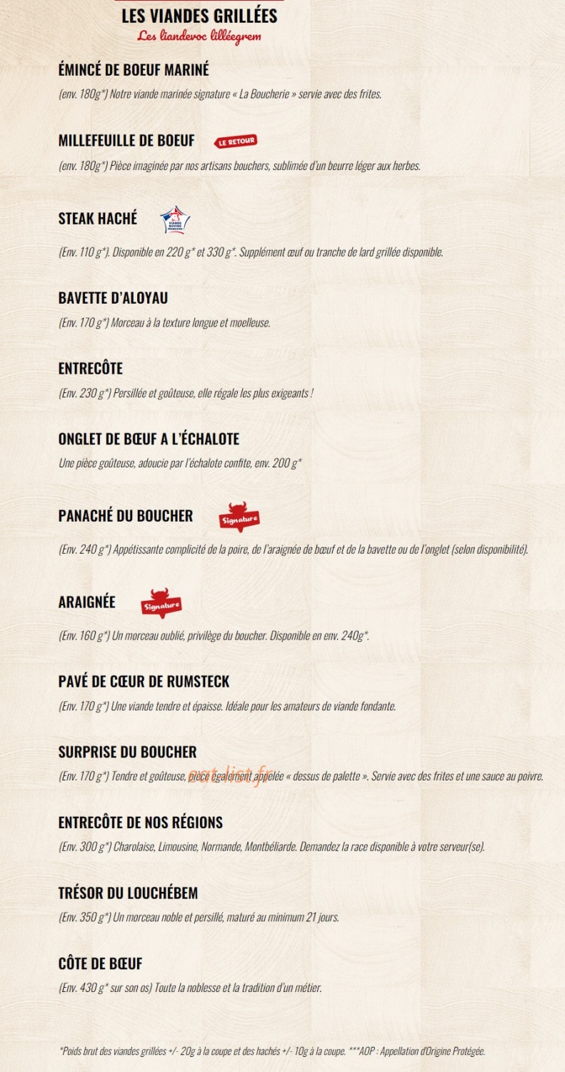 Carte et menu de La Boucherie à Saint Gely du Fesc — Les viandes grillées